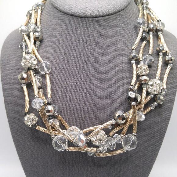 Chico's 5 Strand Beaded Necklace, Gold Swirled Tubes, Clear Silver Crystals, 24" - Picture 2 of 9